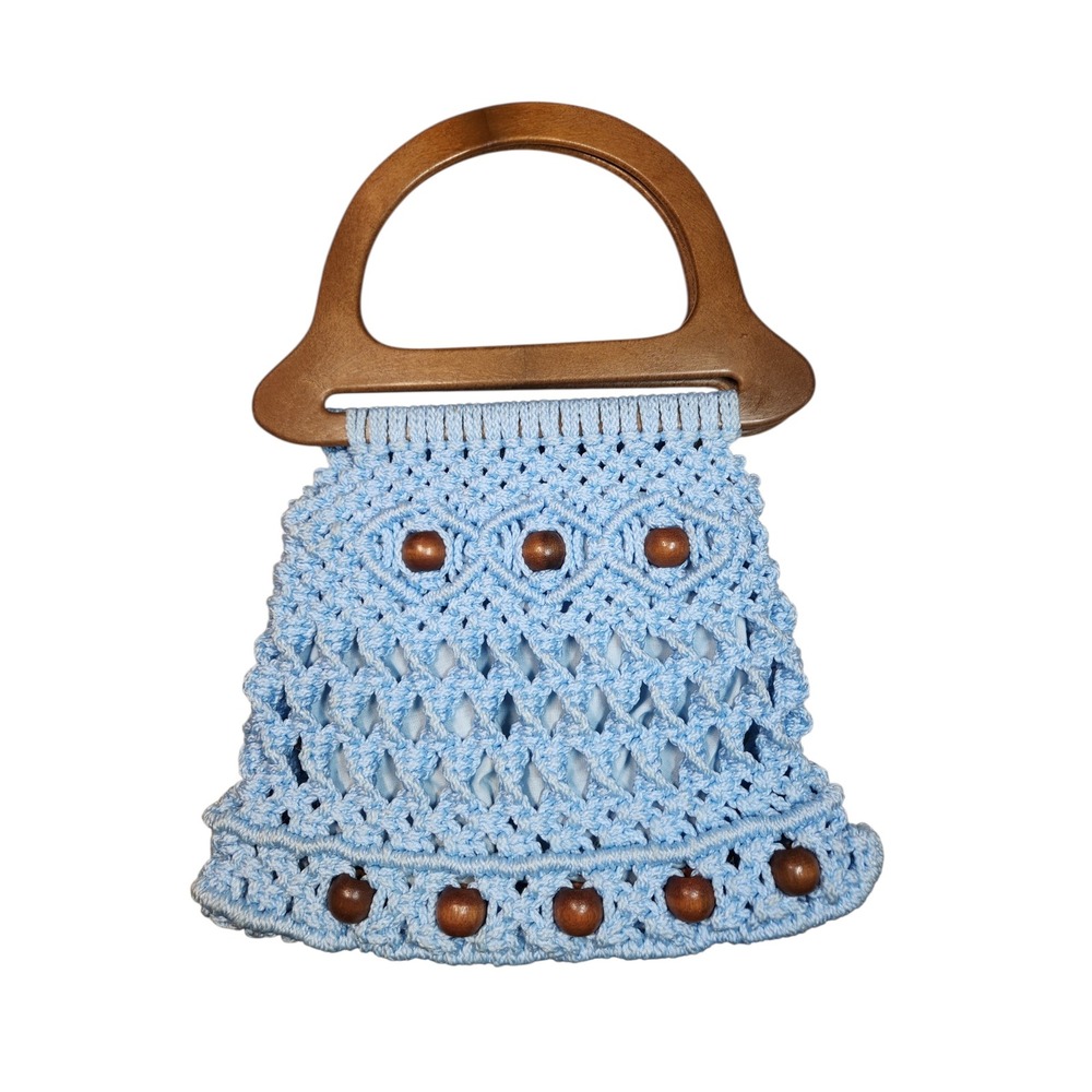 Vintage 70s Macrame Boho Beaded Handbag Wood Handle Blue Crochet Bag Cottagecore